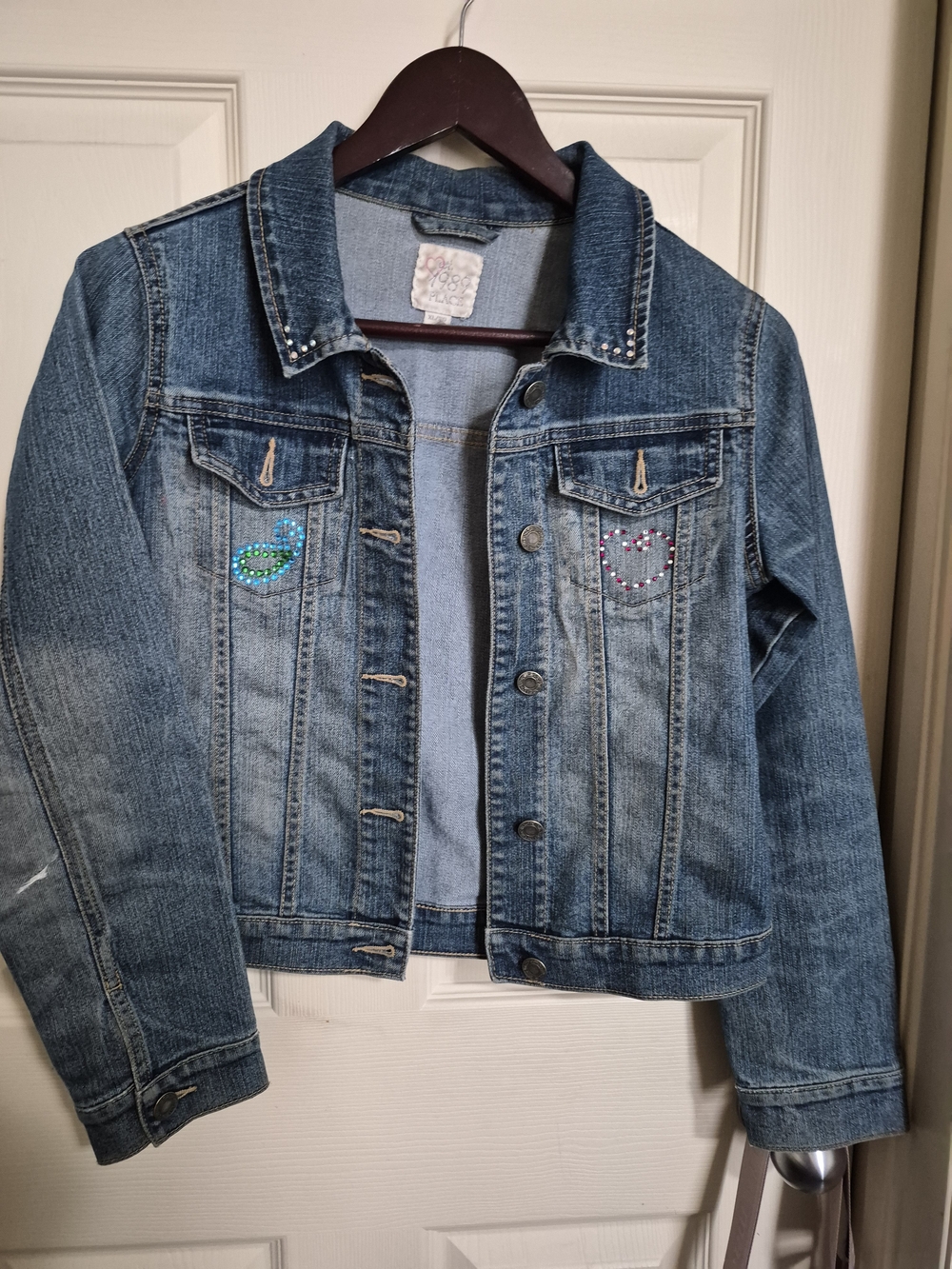 Size 14 Girls' Blue Denim Jacket with Embellished Hearts - Kids Jackets & Coats